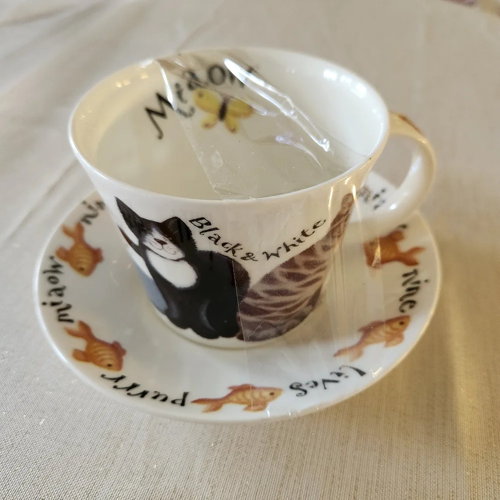 Cat Print Coffee Mug and Saucer - Picture 1 of 5